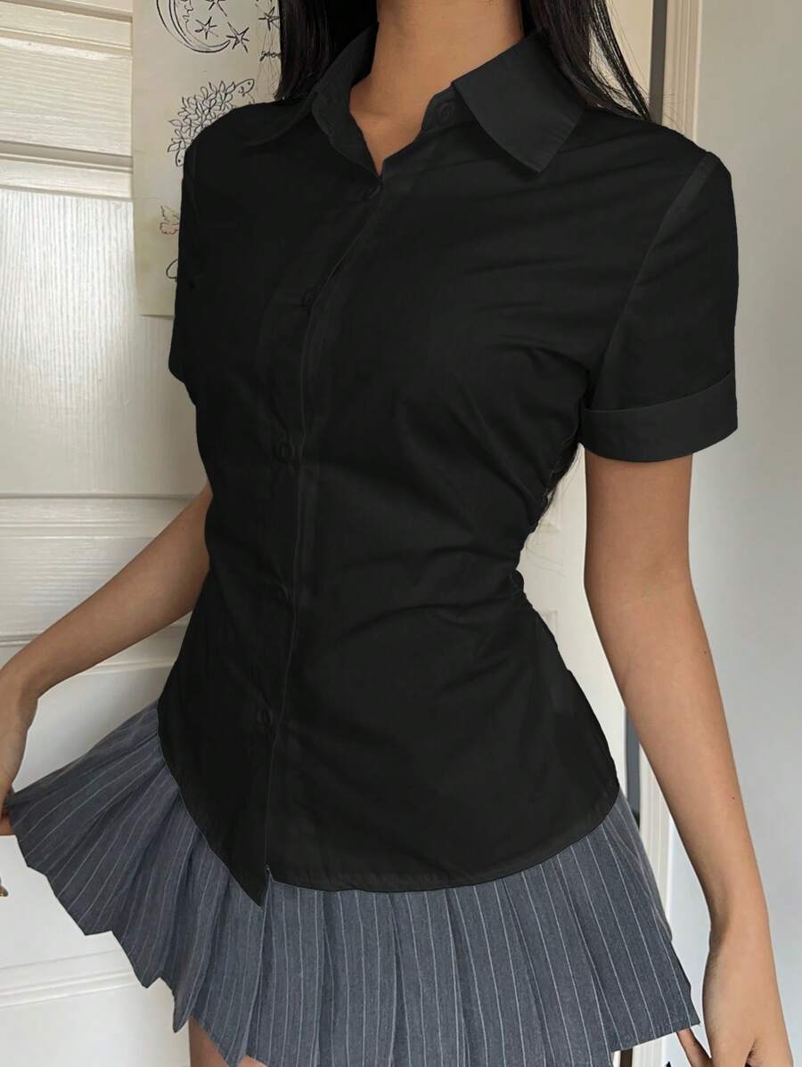 SHEIN EZwear 女式纯色荷叶边单排扣休闲短袖衬衫 - 黑色 - 查看 1