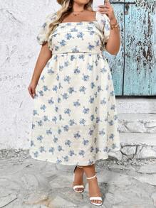 SHEIN CURVE+ 大码白色可爱度假乡村刺绣女装，蓝白花裙毕业礼服/女士毕业礼服/白色毕业礼服/毕业装。女士沙滩装/沙滩裙/沙滩度假装/沙滩必备品/毕业/茶会礼服