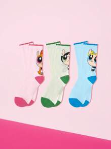 THE POWERPUFF GIRLS X SHEIN 1 Paar Damen Socken mit Butterblumen Muster in Kontrastfarbe
