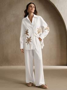 Anewsta 女士白色长袖翻领花卉刺绣长袖衬衫，沙滩度假装 - 白色 - 查看 6