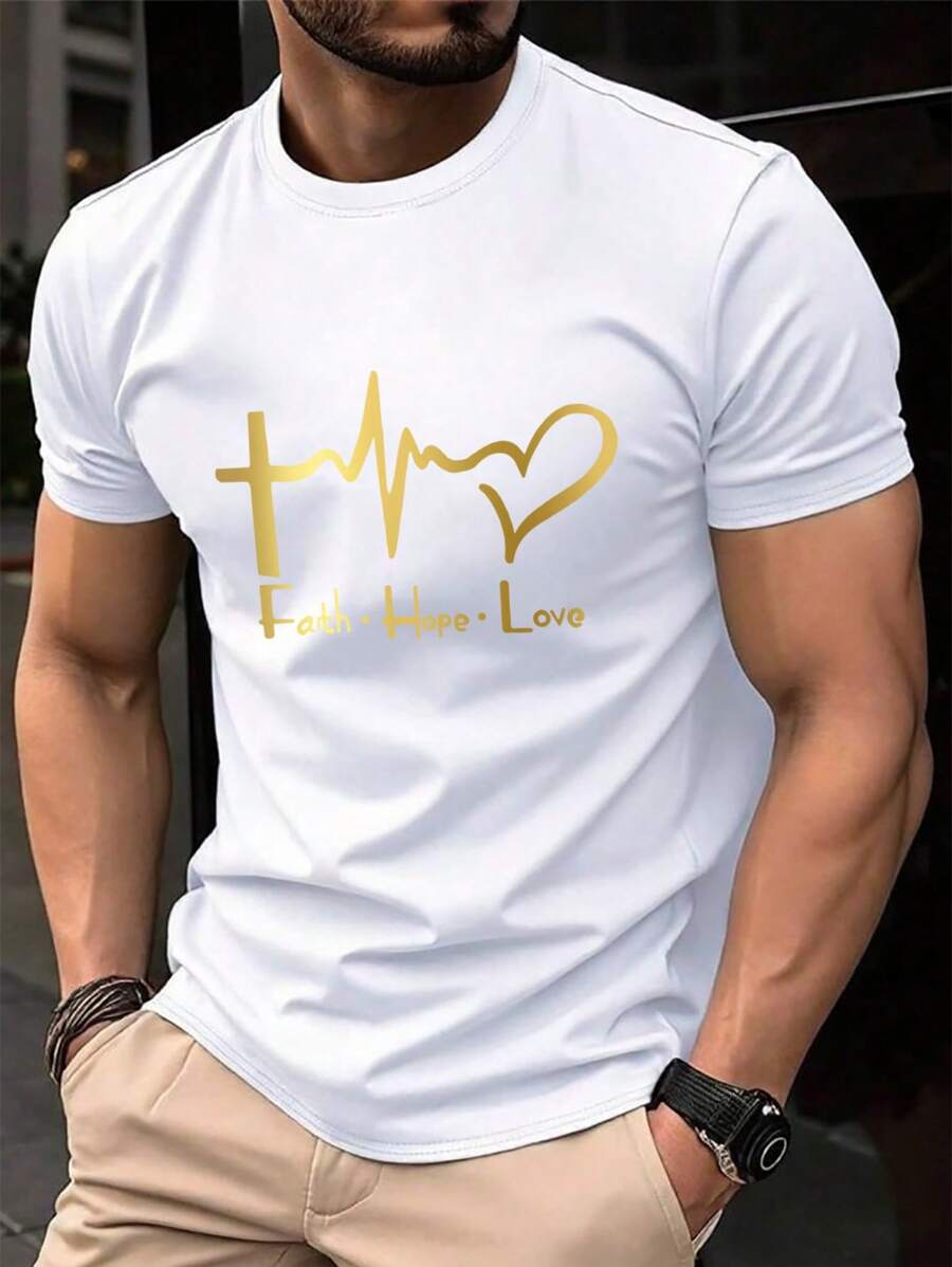 Manfinity Homme Men's Letter Graphic Round Neck Short Sleeve Casual Versatile T-Shirt Christian Tshirts Men - White - View 1