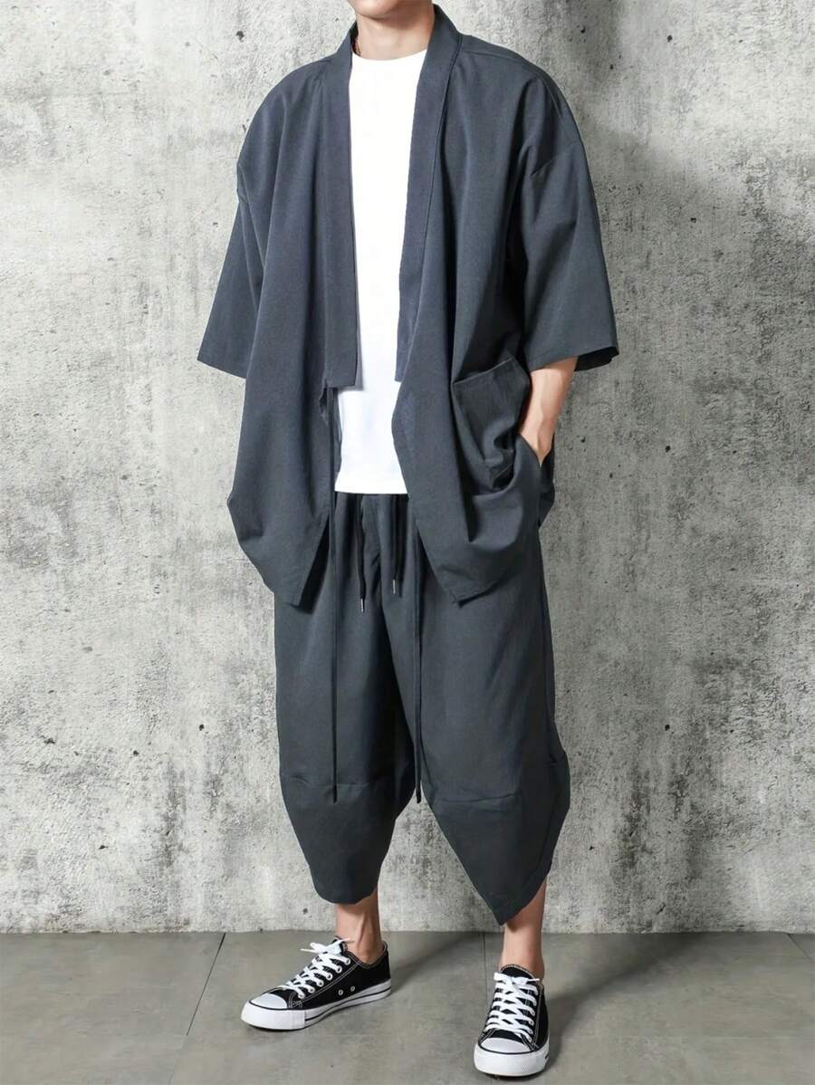 Manfinity RSRT Japanese Casual Men Shirt Co-Ords, Solid Color Buttonless Drawstring Short Sleeve Shirt And Drawstring Trousers, Suitable For Summer, Suitable For Father's Day Gift Japanese Pants Men Two Pieces Outfits For Men Men Outfits Clothes Set, Cozy Outfits