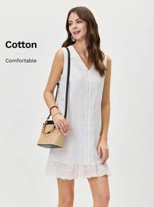 Miaspire Ladies' Casual Solid Color White Dress With Lace Embroidery Decoration On Neckline And Hem - White - View 1