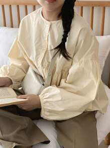 DAZY 少女休闲圆领褶皱泡泡袖女式衬衫，秋季服装 - 杏色 - 查看 3