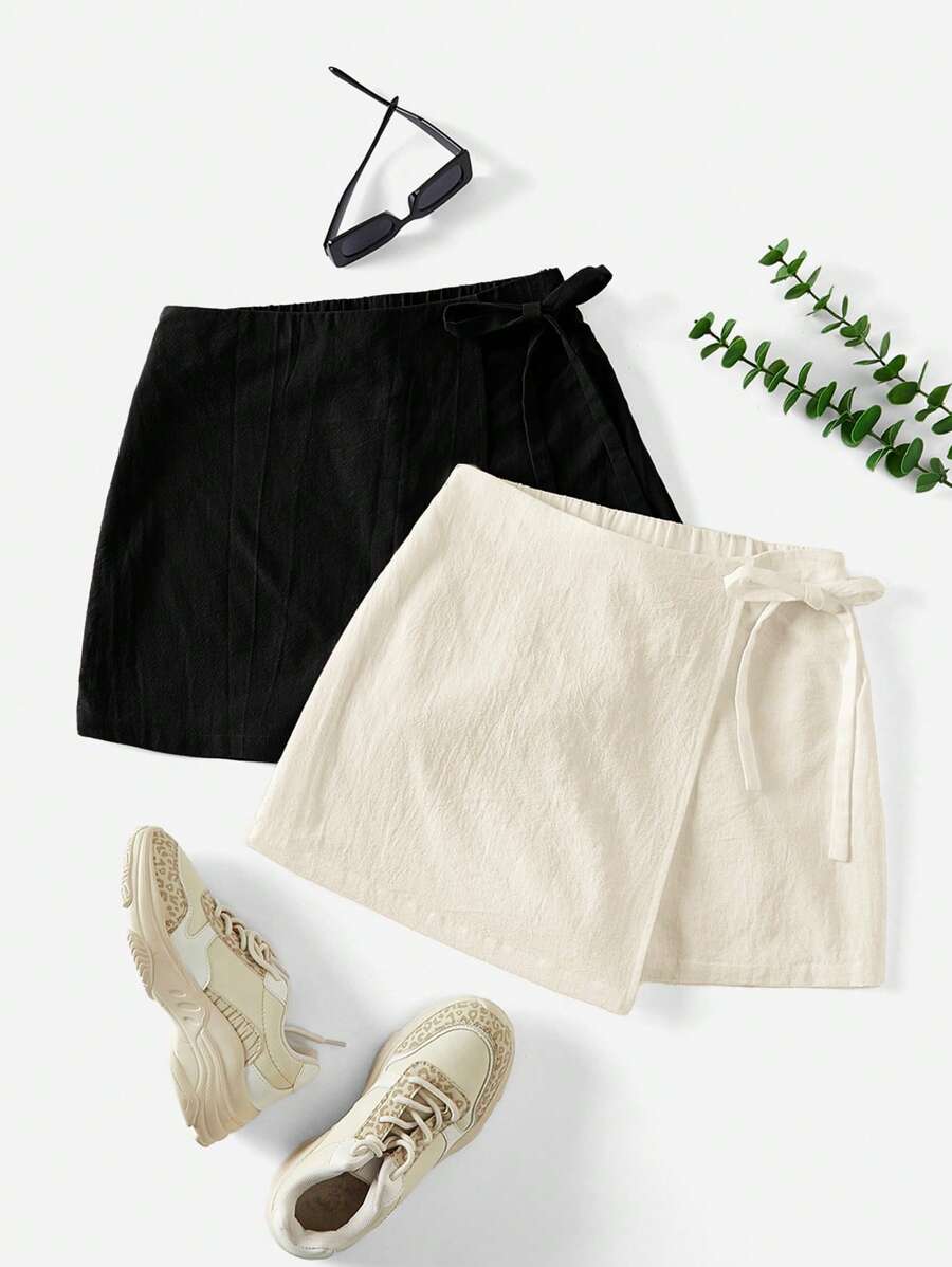 SHEIN Essnce 女士纯色打结不对称下摆休闲短裤夏季2条装裙子配短裤蝴蝶结短裤女式亚麻短裤 - 杏色 - 查看 1