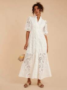 Travachic Women's Solid Color Eyelet Embroidery Collar A-Line High Waisted Dress,Summer Dresses For Women,Summer Outfits,Summer Outfits For Women White Dresses For Women Women Casual Dress Women Short Dresses Summer,Business Casual Woman