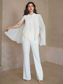 DAZY 2pcs Set Women Solid Color Single Breasted Cape Shirt & Long Pants,Ruffle - White - View 2