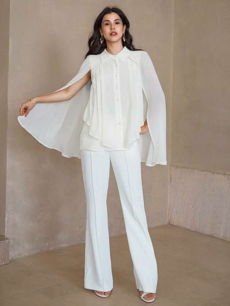 2pcs Set Women Solid Color Single Breasted Cape Shirt & Long Pants,Ruffle