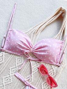 SHEIN Swim Bộ bikini xếp nếp in họa tiết chấm bi bãi biển mùa hè cho nữ, họa tiết ngẫu nhiên - Hồng - Xem 3
