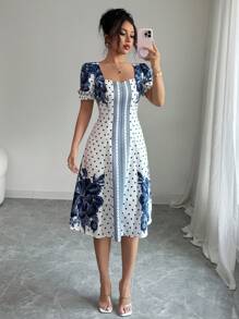 Elenzga 荷叶边下摆短袖花卉和波尔卡圆点印花优雅长裙 - 藍色 - 查看 4