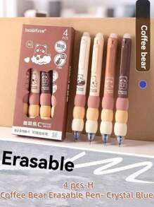 SHEIN 4 支/套可擦咖啡熊海绵握把中性笔，适合小学生使用，0.5 毫米，带 ST 按压，易擦笔帽，开学季适用