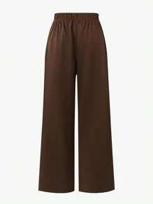 Calvaya 2 pezzi Set di donna casual di taglia grande con top a costine color albicocca con colletto alto e arricciature e pantaloni slim fit color marrone