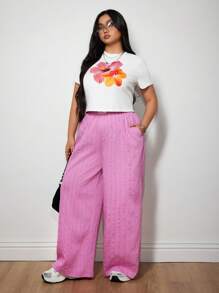 SHEIN ICON Plus Size Women's Casual White Knitted T-Shirt With Vibrant Tropical Floral Print, Short Sleeves, And A Round Neckline - White - View 2