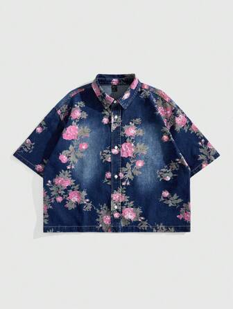 Street Life Men's Floral Print Short Sleeve Single Breasted Loose Casual Denim Jacket