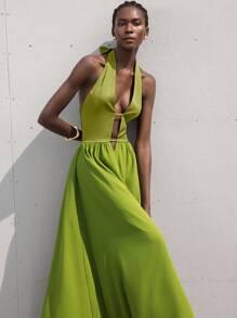 Aveloria Modichic New French Fashion Elegant Resort Atmosphere Woman Beach Premium Deep V Hollow Design Halter Tie Shoulder-Baring Sleeveless Cinched Waist Slim Fit Backless Chiffon Dress - Green - View 4
