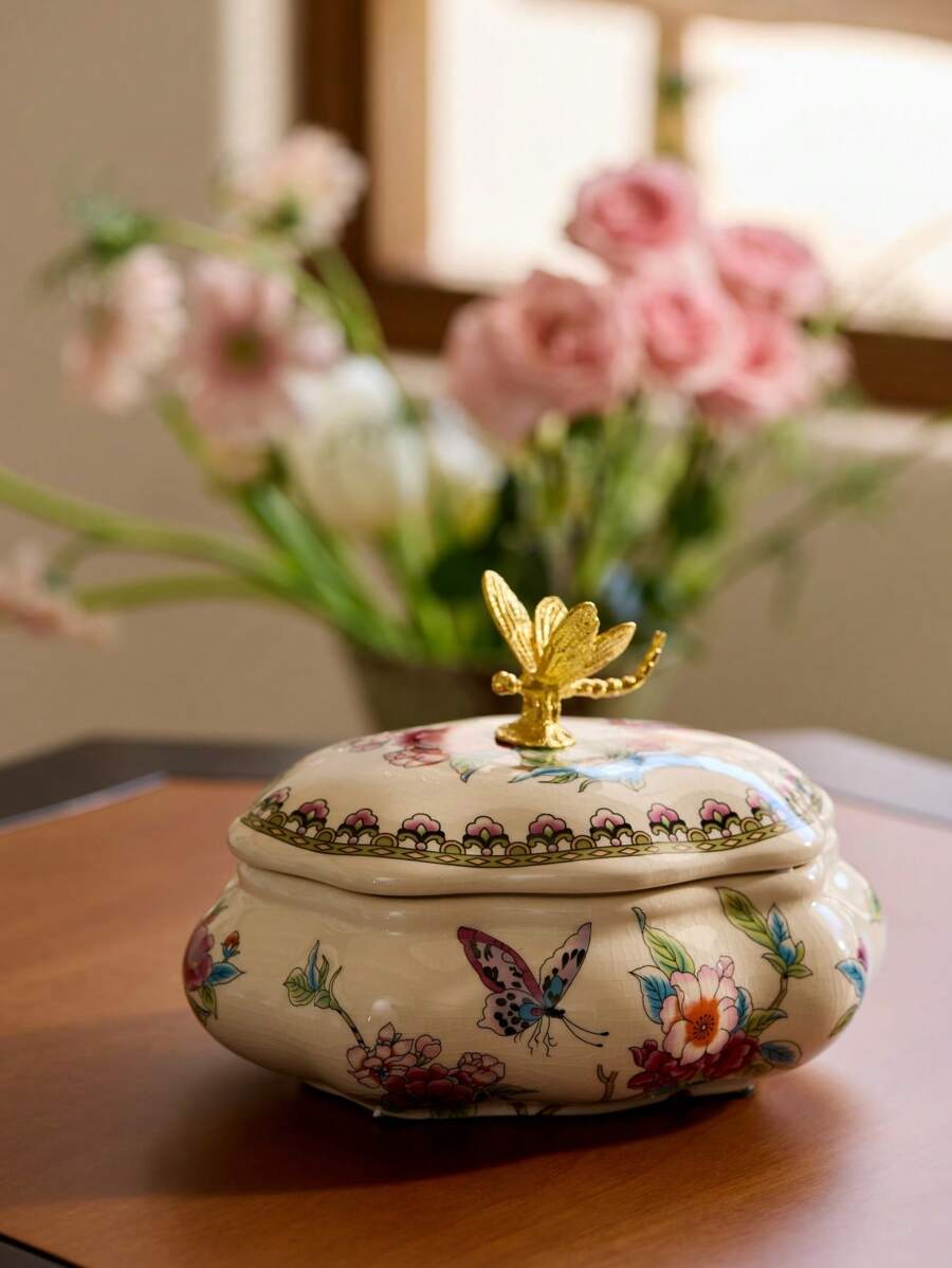 Cirelle 1pc Ceramic Multi-Functional Elegant Minimalist Beaded Jewelry Storage Box With Lid, Retro Jewelry Box, Kitchen Living Room Bedroom Decor, Rama Comfort Home, New Year, Christmas, Mother's Day Gift, Wedding Decor, Birthday Gift, Housewarming Gift, Summer Home Decor, B&B Decor - White - View 1