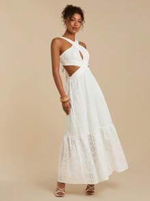 Travachic 女士度假露背系带腰部镂空纹理面料迷你连衣裙 - 白色 - 查看 7