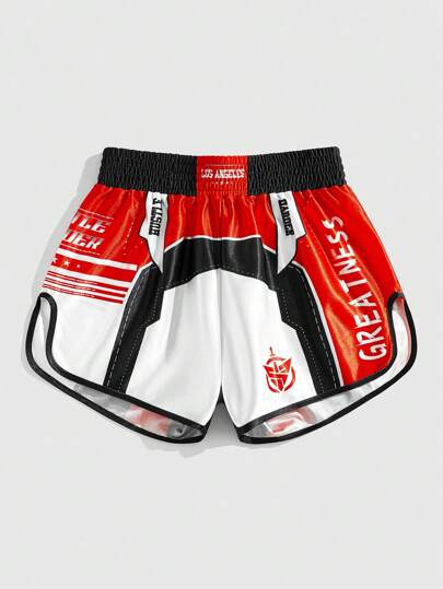 Men's Elastic Waist Colorblock Boxing Shorts, Sports Shorts