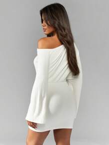 MISSGUIDED Asymmetric Off Shoulder Long Flare Sleeves Drape Mini Dress