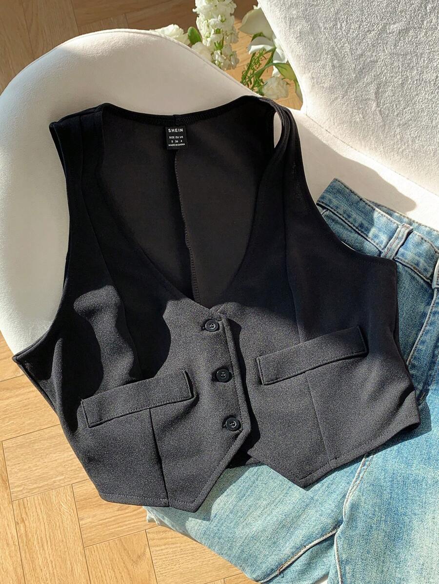 Comfortcana Spring Break1pc Button Front Crop Waistcoat In Fall/Winter - Black - View 1