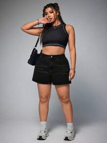 SHEIN ICON Plus Size Women Casual Denim Shorts, Fashionable For Summer - Black - View 5
