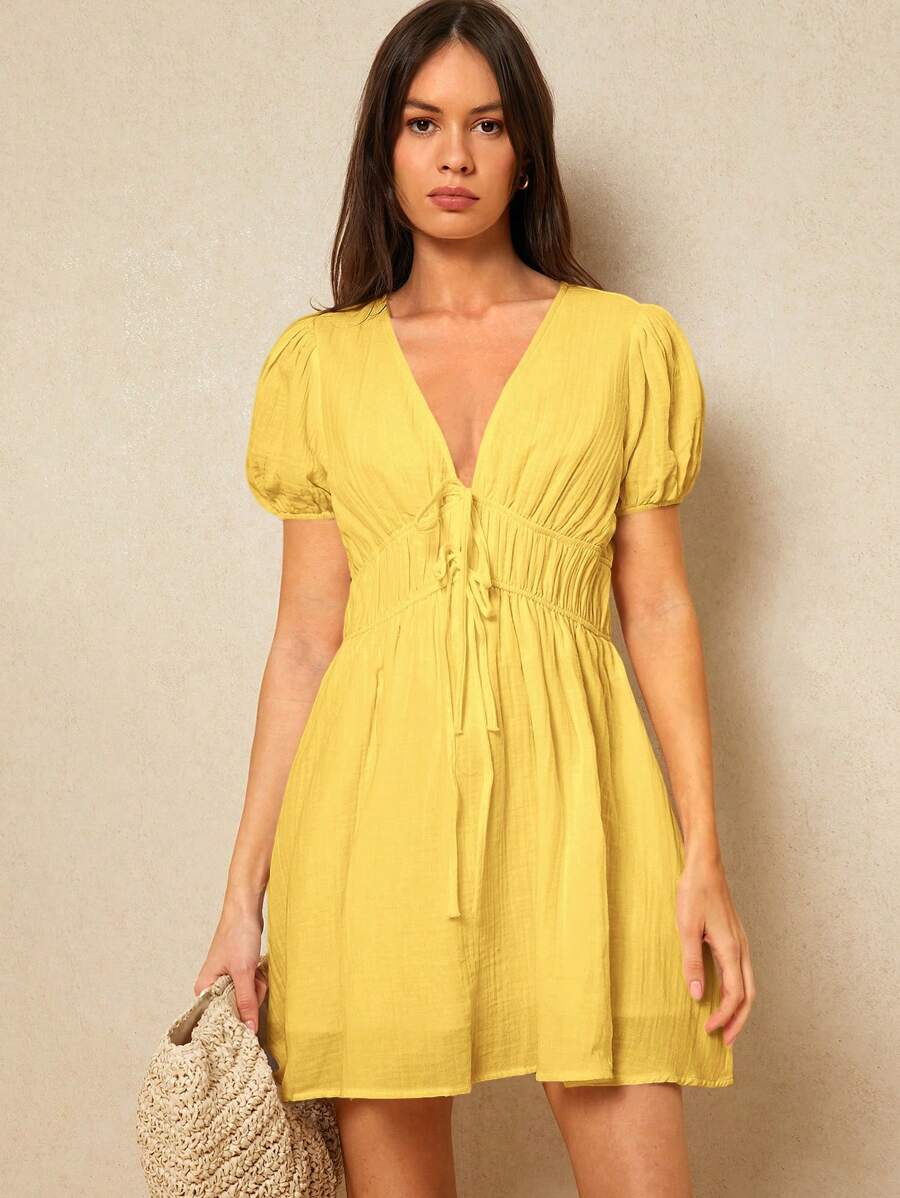 Poéselle Women's Solid Color Short Casual Dress, Suitable For Summer - Yellow - View 1