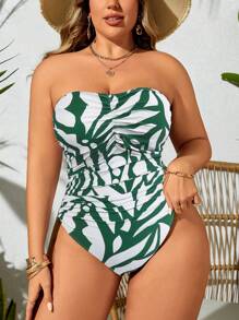 Swim Vcay Plus Size Random Print Women One-Piece Spaghetti Strap Swimsuit For Summer Beach Vacation - Green - View 3