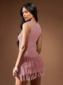 MISSGUIDED Fringe Detailed Hem Sleeveless Mini Dress Cute Sundress - Baby Pink - View 2