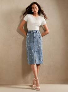 Anewsta Beaded Denim Bodycon Skirt For Women, Spring/Summer - Blue - View 7