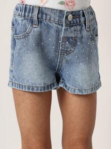 SUMWON Shorts di jeans da ragazza con cristalli, pantaloncini estivi decorati, vita media, adatti per la scuola, il tempo libero e l'uso casual, con dettagli glitterati e scintillanti - Lavaggio chiaro - Visualizzare 6