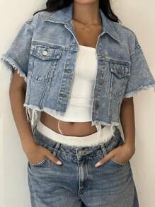 SHEIN EZwear Women's Casual Short Sleeve Cropped Blue Denim Jacket,Blue,Suitable For Parties, Holidays, Dates, Valentine's Day, Afternoon Tea, Summer / Summer Outfits / Summer Clothes,Year-Round,For Spring/Summer Holiday,Suitable For Summer,Blue Summer,Vacation Outfits Woman,Easter,Spring,Western,Office Outfits For Women,Rave Outfits,Baby Shower Dress,Cottagecore,Country Outfits Women, Chic,Dresses For Women Elegant,Beach Dress,Graduation Dress,Vacation Dress,Easter Dress,Sundress