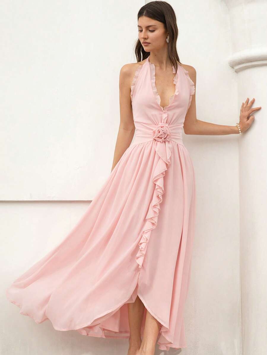 Aveloria 新款法式浪漫优雅女装度假奢华高端V领无袖层叠荷叶边装饰腰部修身连衣裙 - 粉色 - 查看 1