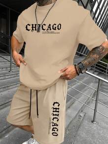 Manfinity Homme Men's Casual Slogan Print T-Shirt And Shorts Set, Summer Outfit Men Two Pieces Outfits Short Set