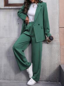EMERY ROSE 女式纯色翻领长袖西装套装 - 綠色 - 查看 3