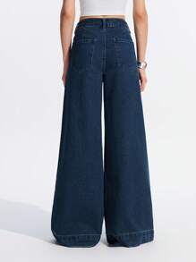 LYSMO Jeans anchos casuales y versátiles de mujer con bolsillos y plisados - Azul - Ver 2