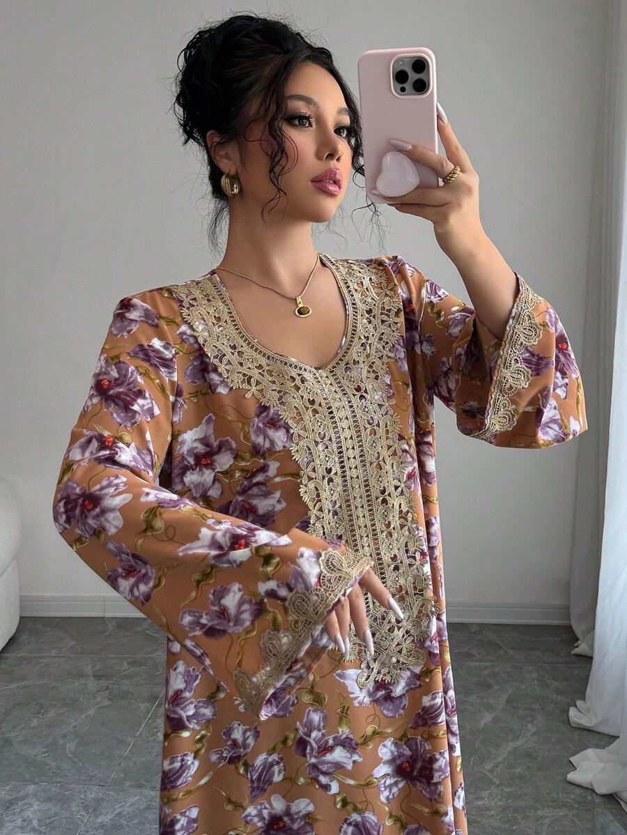 SHEIN Najma Váy Ả Rập dài tay họa tiết hoa ren tương phản dành cho nữ, Kaftan giản dị - Màu tím - Xem 1