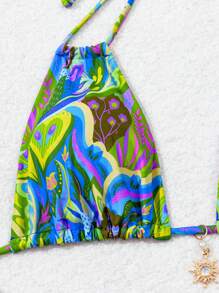 Swim Vcay Women Double Drawstring Halter Neck Sexy Printed Beach Vacation 3-Piece Bikini Swimsuit Set - Multicolor - View 6