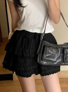 DAZY 女式蕾丝拼接短裤，优雅短裤，白色，四季皆宜，秋季短裙