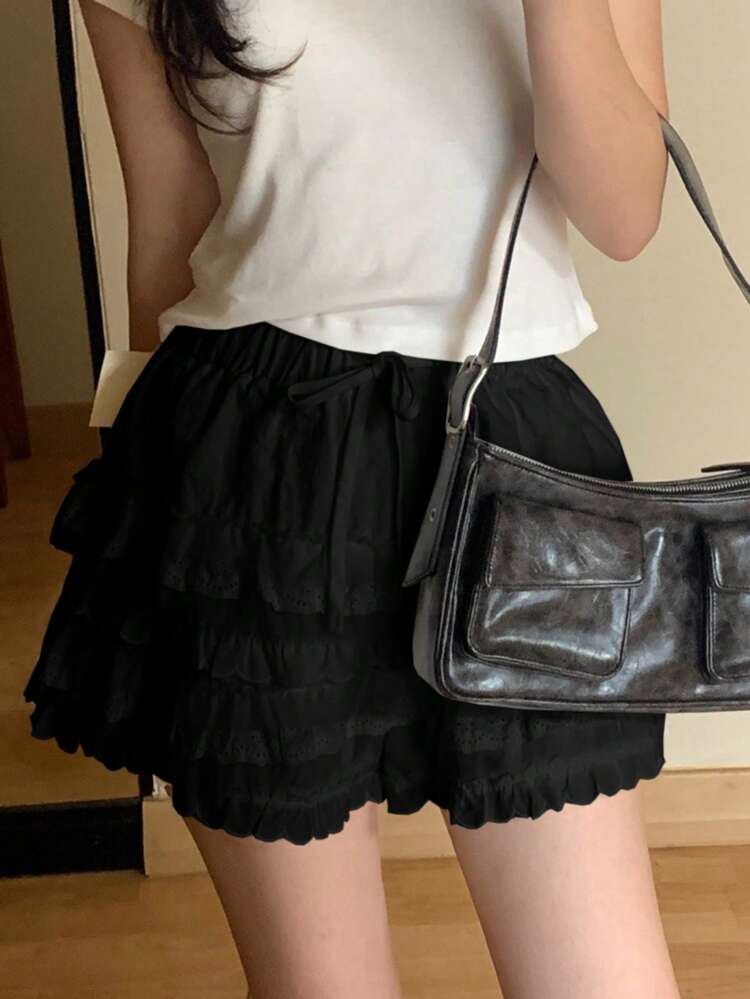 Women Lace Patchwork Shorts, Elegant Shorts, White, All Seasons,Skorts Fall