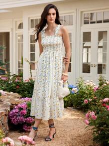 Chiquease Vestito midi con stampa floreale senza maniche, con volant, stile casual da resort per le donne