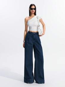 LYSMO Jeans anchos casuales y versátiles de mujer con bolsillos y plisados - Azul - Ver 5
