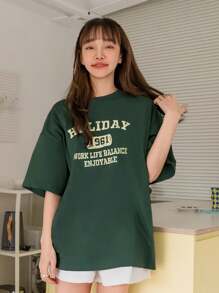 DAZY Letter Graphic Drop Shoulder Tee Summer Oversized T-Shirt Easter - Green - View 3