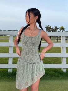 SHEIN EZwear Summer Tank Top For Women Country Concert Western Wear Lace Ruffle Green Lace Asymmetrical Hem With Ruffle Trim - Army Green - View 3