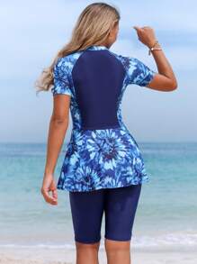 Swim Mulvari Women's Casual Sports Resort Zipper Digital Print Burkini Set Two Pieces Swimwear - Blue - View 2