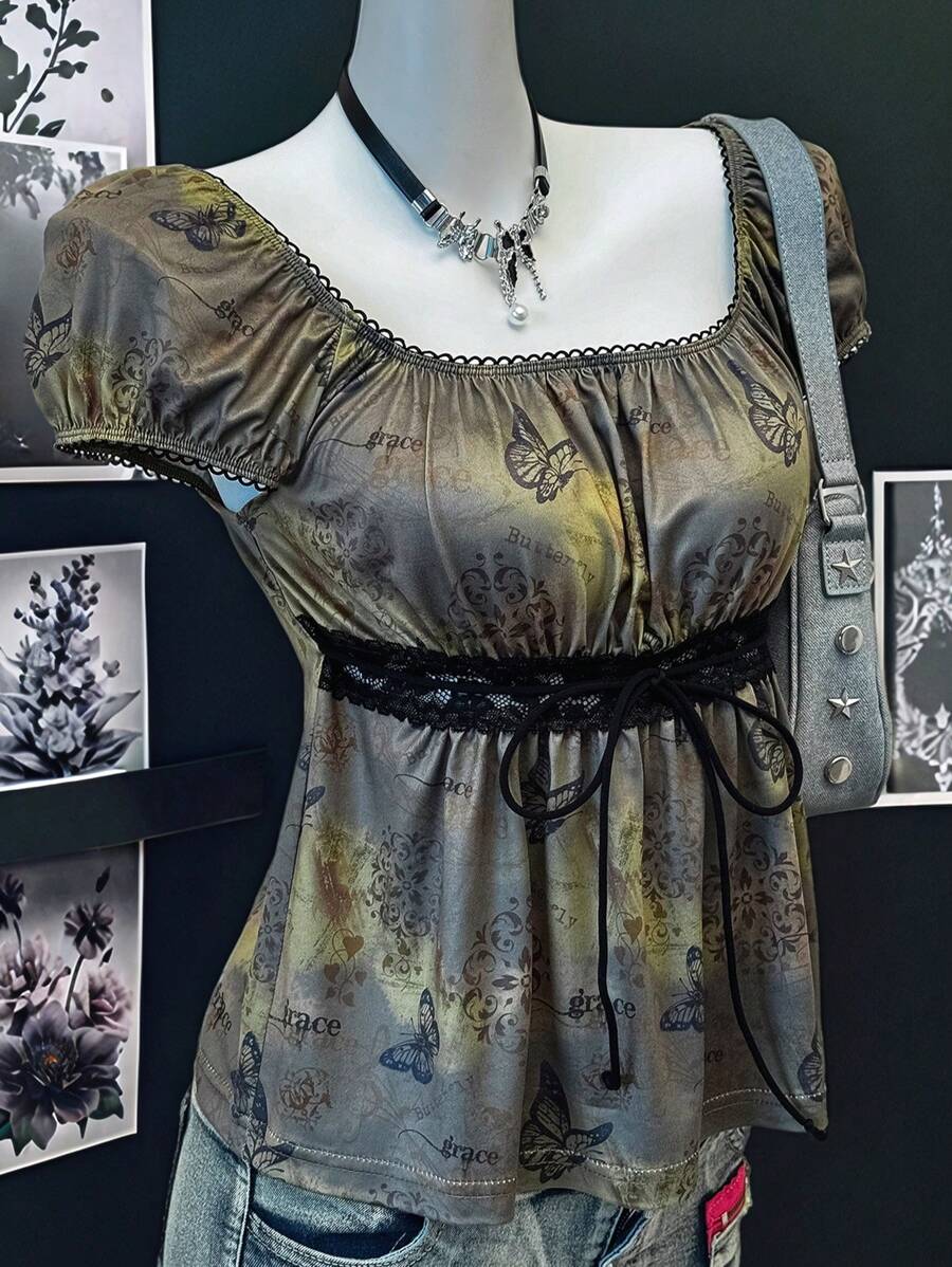 SHEIN EZwear 夏季音乐会女式西部音乐节图案蝴蝶印花方领荷叶边短袖 T 恤 - 彩色 - 查看 1