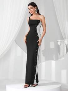 Coutiva 奢华闪亮拼色正式舞会礼服，优雅迷人的名人高端风格，派对礼服，适合晚会、婚礼宾客 - 黑色 - 查看 1