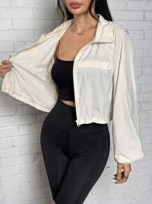 SHEIN EZwear Áo khoác nhẹ giản dị rộng rãi tay dài khóa kéo phía trước màu trơn cho nữ - trắng - Xem 6