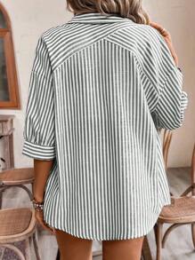 Poéselle 女式夏季条纹落肩单排扣休闲宽松百搭衬衫 - 墨綠色 - 查看 4