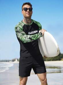 Manfinity Swimmode 2pcs Men's Letter Print Raglan Sleeve Swimwear Set: Long Sleeve Top And Shorts - Black - View 4