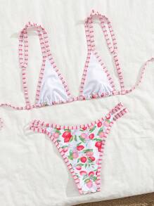SHEIN Swim Mod 夏季度假性感时尚全水果印花撞色泳衣上衣和下装双肩带两件套泳衣 - 彩色 - 查看 3